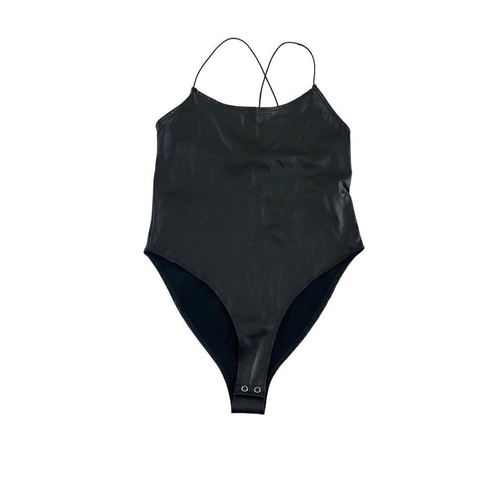 NWT Forever 21 Women's Black Faux Leather Body Suit - Medium